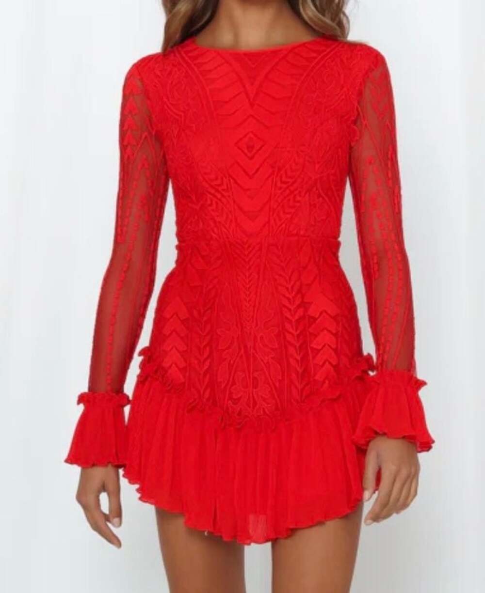 Sage + Paige Red Embroidered Mesh Mini Dress with Pleated Ruffle Sleeves